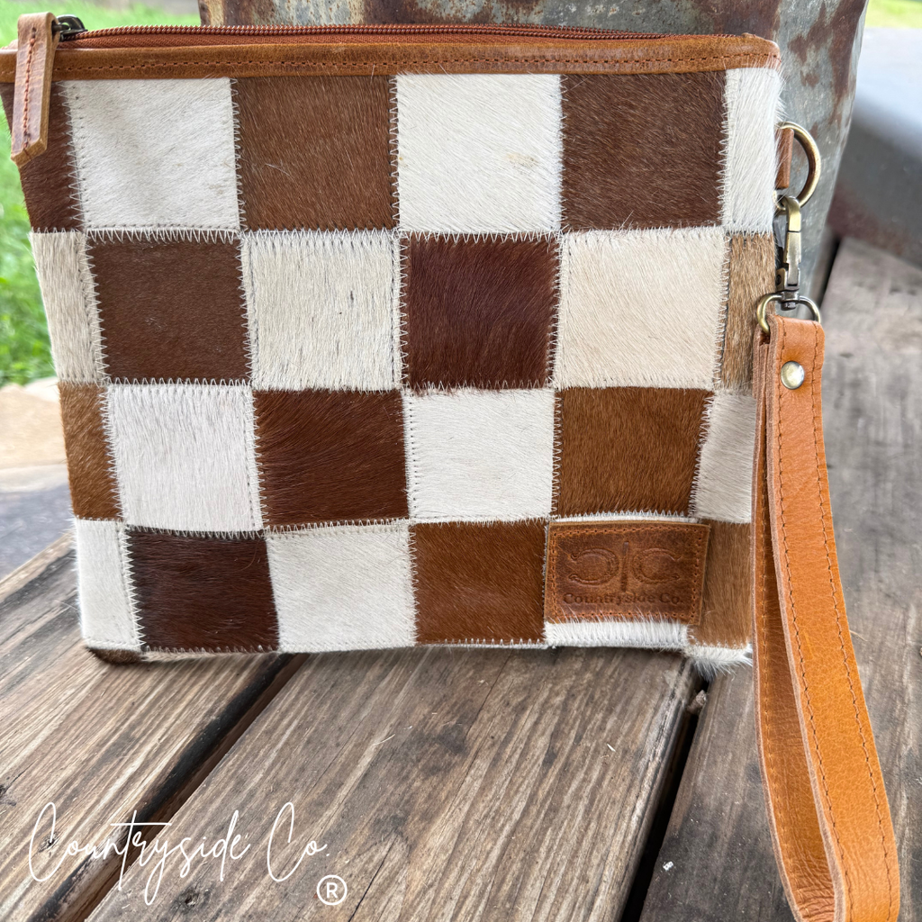 Countryside Co. Checkered Cowhide Make Up Toiletry Bag Wristlet