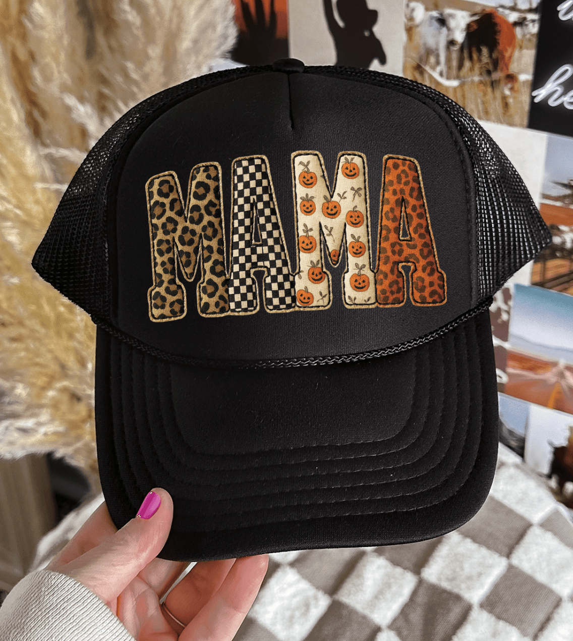 Fall Mama Checkered Pumpkins Name-  Foam Otto Truckers
