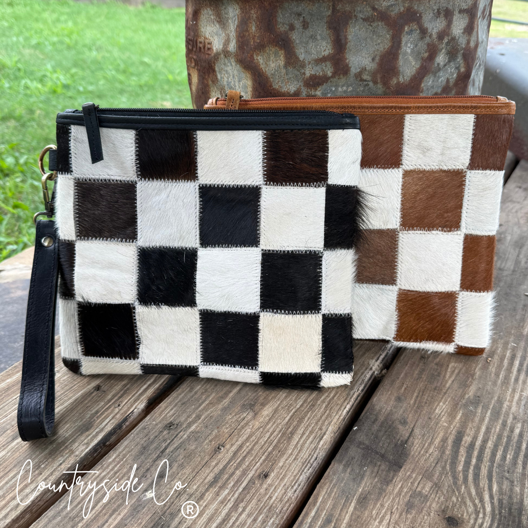 Countryside Co. Checkered Cowhide Make Up Toiletry Bag Wristlet