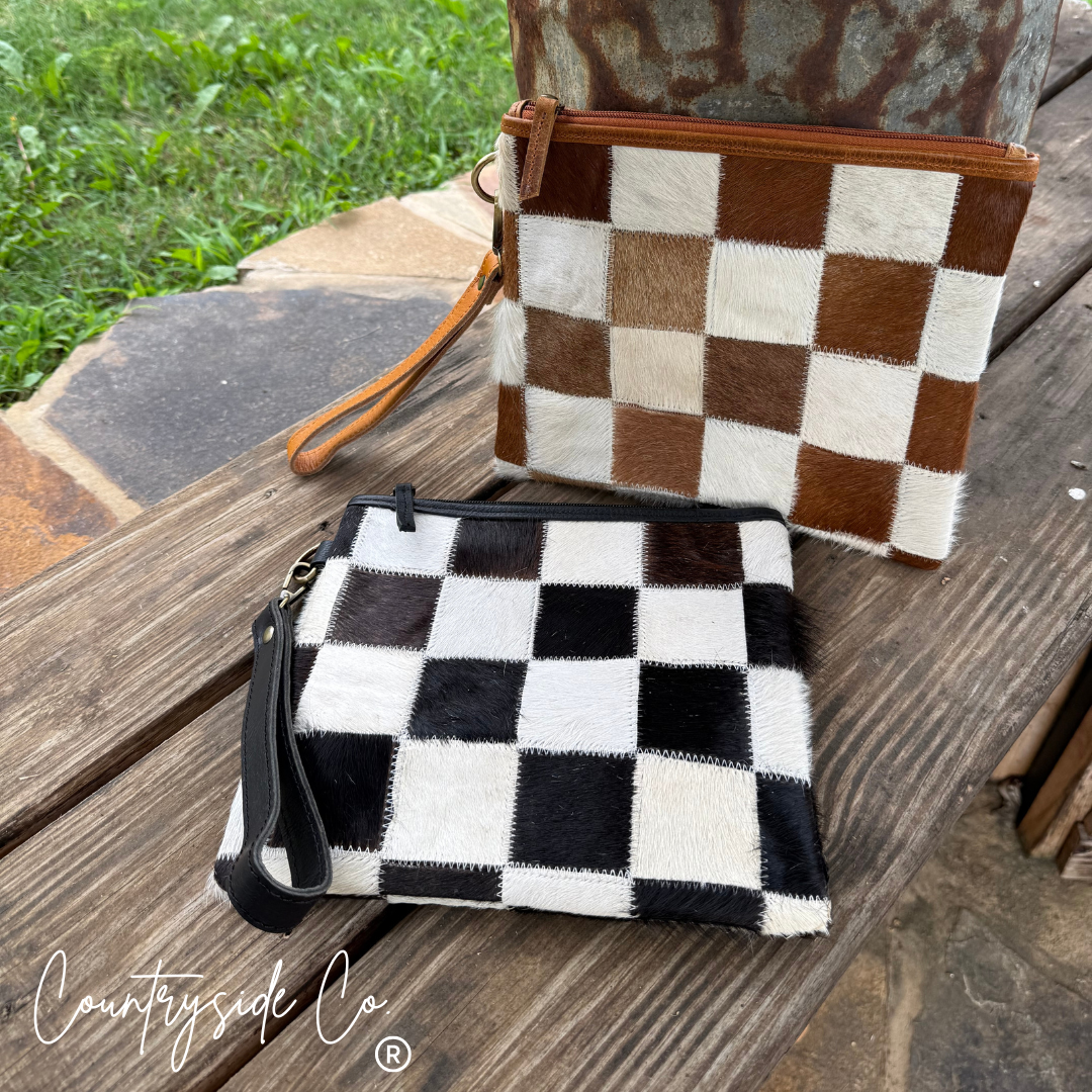 Countryside Co. Checkered Cowhide Make Up Toiletry Bag Wristlet