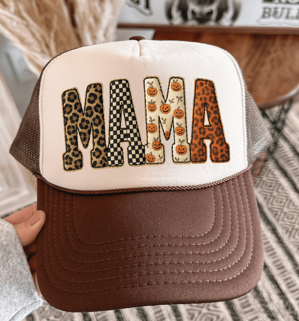 Fall Mama Checkered Pumpkins Name-  Foam Otto Truckers