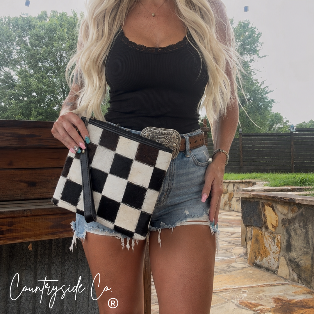 Countryside Co. Checkered Cowhide Make Up Toiletry Bag Wristlet